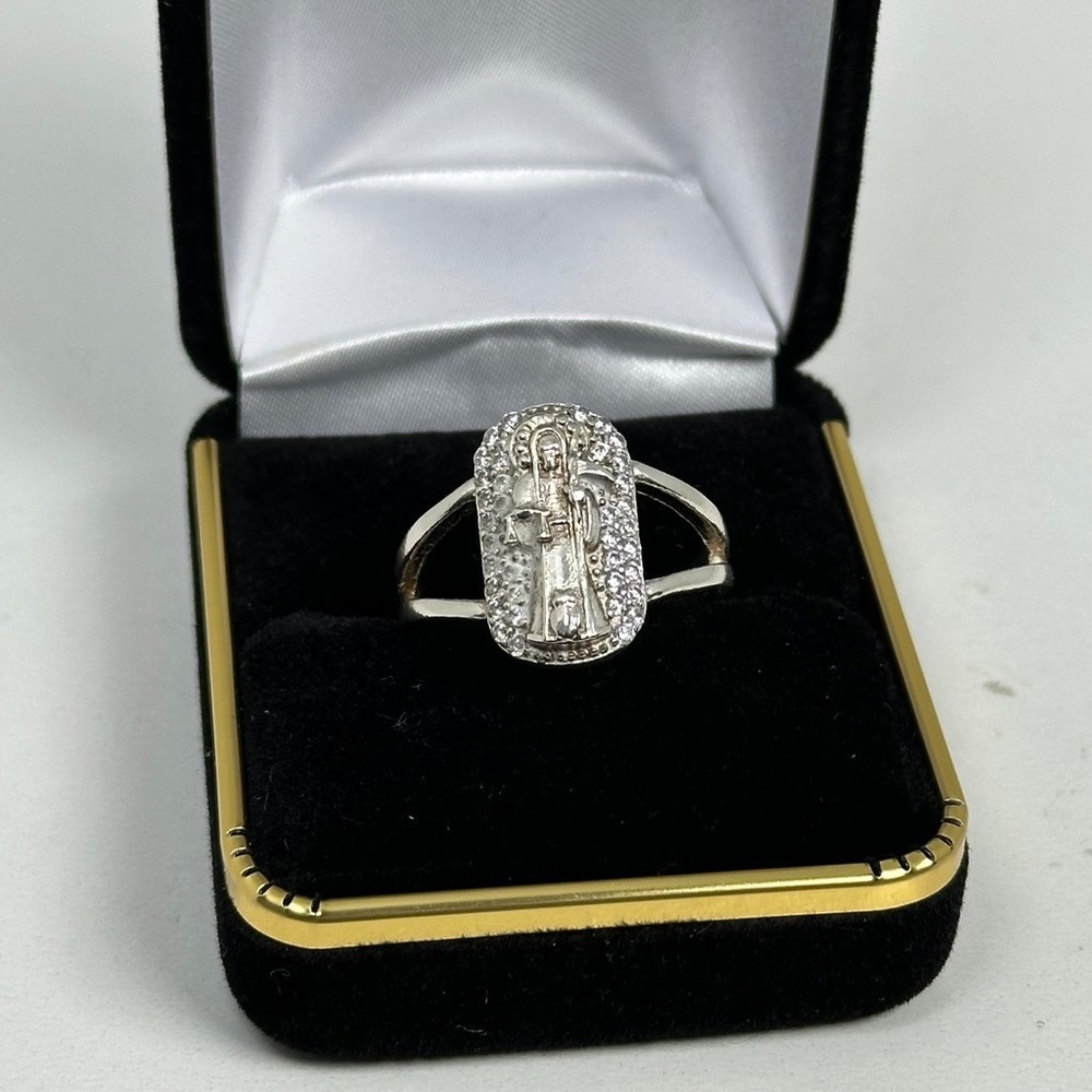 Santa Muerte Holy Death Ring Sterling Silver CZ Accent Split‎ Shank Size 9.5
